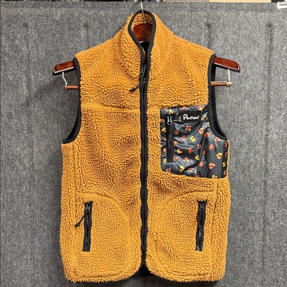 Penfield Brown Sherpa Vest with Black Floral Pocket
